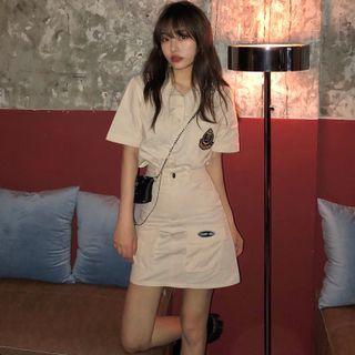 Short-sleeve Applique Shirt + High-waist Applique Cargo Skirt
