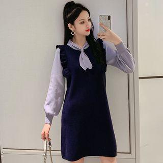 Mock Two-piece Ruffled Tie-neck Dress