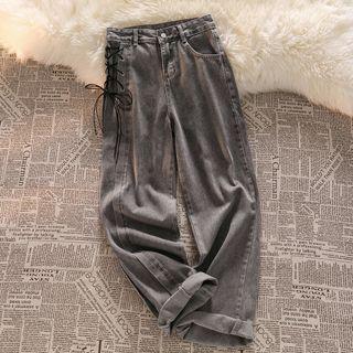 Mid Rise Washed Lace-up Wide Leg Jeans