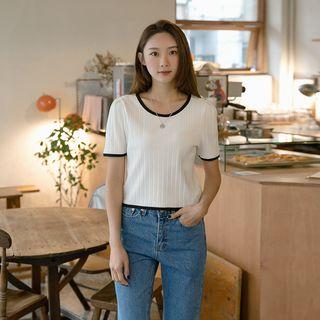 Puff-shoulder Ribbed Ringer T-shirt
