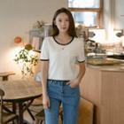 Puff-shoulder Ribbed Ringer T-shirt