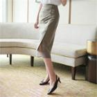 Button-detail Chiffon-hem Linen Blend Skirt