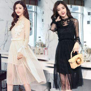 Set: Dotted Long Sleeve Midi Mesh Dress + Slipdress