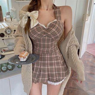 Cardigan / Halter Neck Plaid Top / Mini A-line Skort