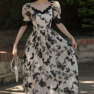 Puff-sleeve Butterfly Print Maxi A-line Dress