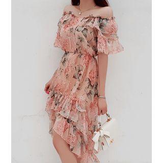 Off-shoulder Frilled Floral Dress With Sash