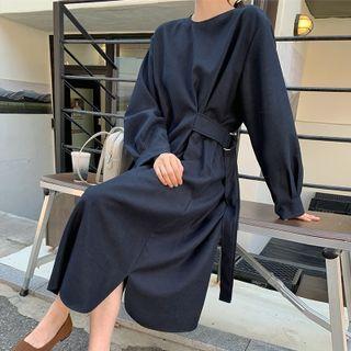 Long-sleeve Plain Tie-waist Dress Navy Blue - One Size