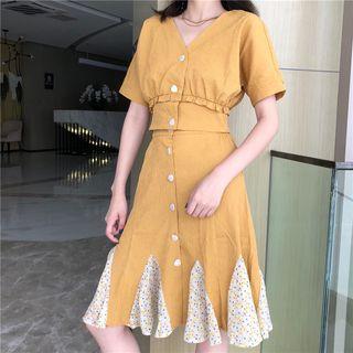 Set: Short-sleeve Top + Midi A-line Skirt Yellow - One Size