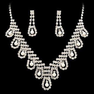 Set: Faux Pearl Rhinestone Necklace + Earrings