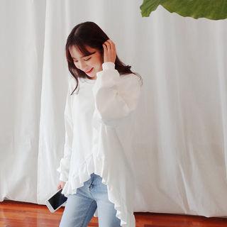 Balloon-sleeve Asymmetric Frill-trim Pullover