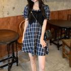 Short-sleeve Square-neck Bow Plaid Mini A-line Dress