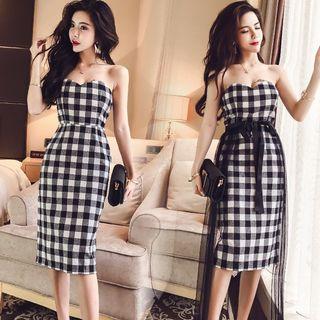 Set: Plaid Strapless Dress + Mesh Cover-up