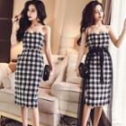 Set: Plaid Strapless Dress + Mesh Cover-up