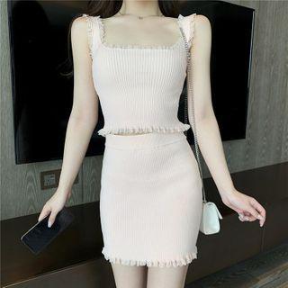Lace Trim Knit Cropped Tank Top / Knit Mini Straight-fit Skirt