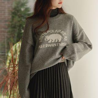 Drop-shoulder Bear-printed Sweater