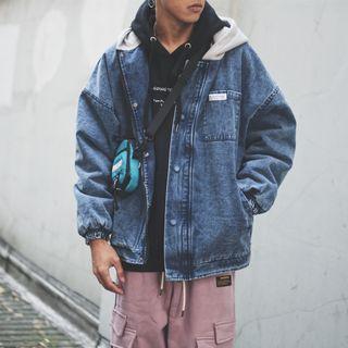 Snap-button Hooded Washed Denim Jacket