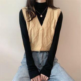 Single-breasted Cable Knit Vest / Mock-turtleneck Knit Top