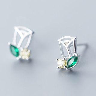 925 Sterling Silver Rhinestone Flower Earring 1 Pair - Silver - One Size