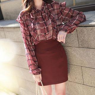 Tie-neck Ruffled Plaid Blouse Wine Red - One Size