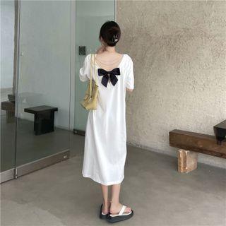 Short Sleeve Bow Back Plain Dress