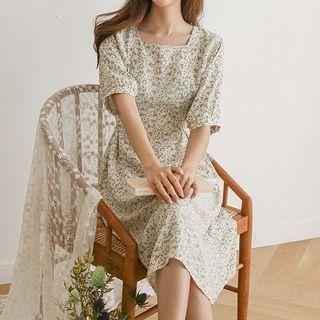 Square-neck Silky Midi Floral Dress