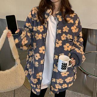 Flower Print Zip-up Fleece Jacket Gray - One Size