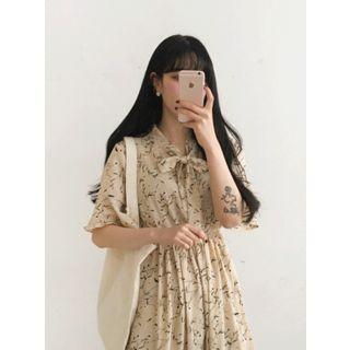 Tie-neck Short-sleeve Floral Shirtdress