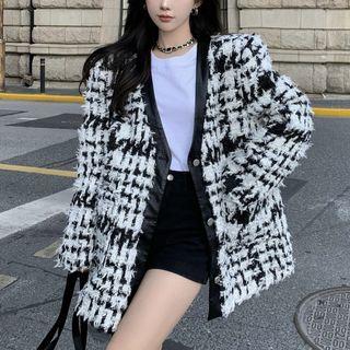 V-neck Houndstooth Jacket Black & White - One Size