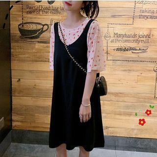 Short-sleeve Floral T-shirt / Mini Pinafore Dress