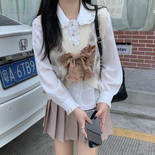 Peter Pan-collar Long-sleeve Chiffon Blouse / Sleeveless Printed Knit Vest / High-waist Plain Pleated Skirt