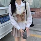 Peter Pan-collar Long-sleeve Chiffon Blouse / Sleeveless Printed Knit Vest / High-waist Plain Pleated Skirt
