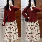 Plain V-neck Cardigan / Cherry Embroidered Midi A-line Skirt