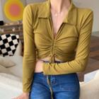 Long-sleeve V-neck Plain Lapel Drawstring Slim Fit Crop Top
