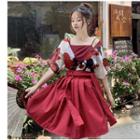 Spaghetti Strap Top / Elbow-sleeve Floral Top / A-line Mini Pleated Skirt / Set