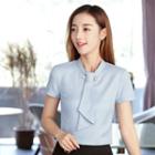 Tie-neck Short-sleeve Top / Plain Pencil Skirt / Striped Straight-cut Pants