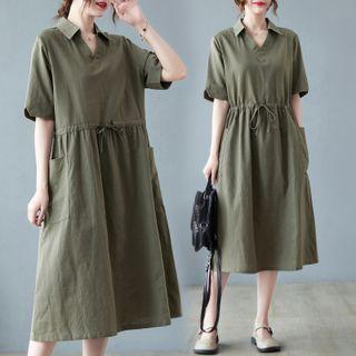 Short-sleeve Collar Drawstring Midi Smock Dress