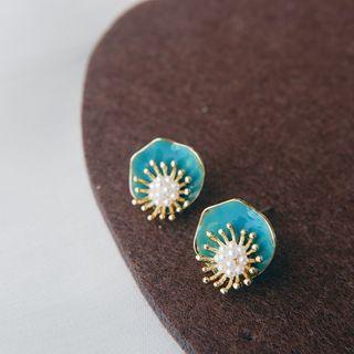Faux Pearl Flower Ear Stud 1 Pair - Blue & Gold - One Size