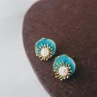 Faux Pearl Flower Ear Stud 1 Pair - Blue & Gold - One Size
