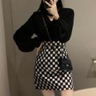 Cut-out Blouse / Checkered Mini Pencil Skirt