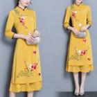3/4-sleeve Floral Embroidery Midi Qipao Dress
