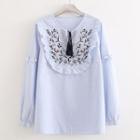Striped Embroidery Blouse Light Blue - One Size