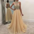 Halter-neck Faux Pearl A-line Evening Gown