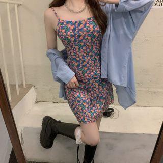 Spaghetti Strap Flower Print Mini Sheath Dress / Plain Shirt
