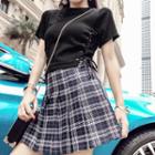 Set: Short-sleeve Lace-up Knit Crop Top + Plaid Mini A-line Pleated Skirt