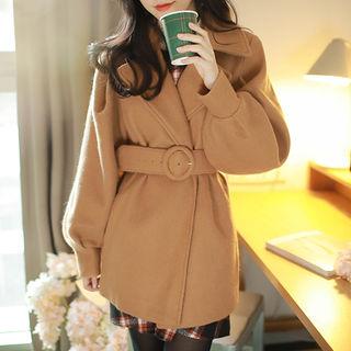 Puff-sleeve Wool Blend Coat With Belt