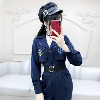 Set: Long-sleeve Embroidery Jumpsuit + Belt