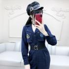 Set: Long-sleeve Embroidery Jumpsuit + Belt