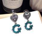 Letter Rhinestone Dangle Earring 1 Pair - Silver Needle - Emerald - One Size
