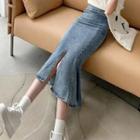 High-waist Plain Slit Denim Mermaid Skirt