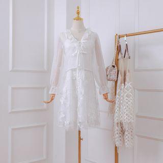 Set: Spaghetti Strap Butterfly Embroidered Mesh Mini A-line Dress + Tie-front Jacket